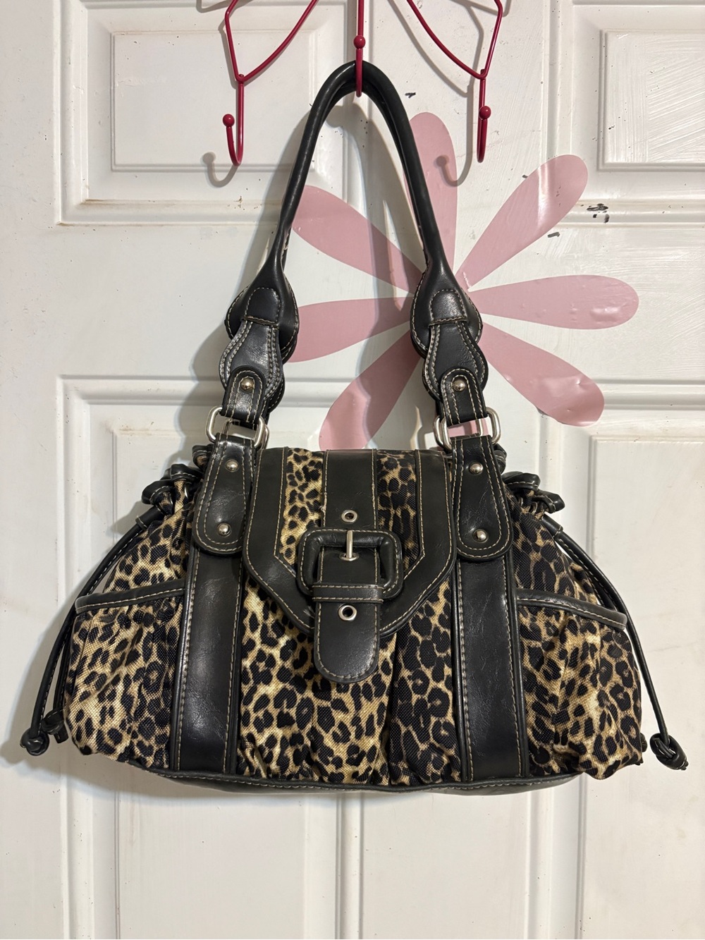 Sonoma Leopard-Print Shoulder Bag with Black Trim and Buckle